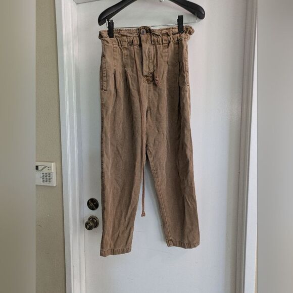 Free People Margate Paper Bag Trouser Pants Pleated Brown Size Small - Picture 1 of 5